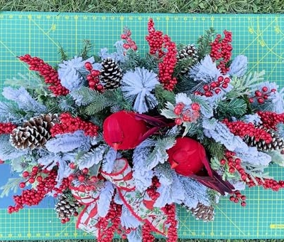 Product: Jucgghk Vivid and Realistic Floral Art Two Redbirds with Red and White Christmas Cemetery Saddle, Christmas Cemetery Flowers, Headstone Saddle Arrangement, Christmas Saddle for Headstone