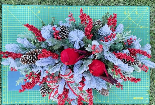 Product: Jucgghk Vivid and Realistic Floral Art Two Redbirds with Red and White Christmas Cemetery Saddle, Christmas Cemetery Flowers, Headstone Saddle Arrangement, Christmas Saddle for Headstone
