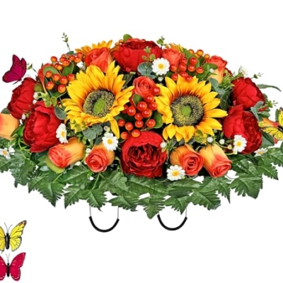 Product: MUVIC Artificial Cemetery Flowers for Outdoor Grave Decorations - Sympathy Headstone Flower Saddle - Realistic Sunflower Rose