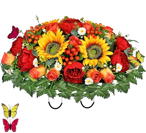 Product: MUVIC Artificial Cemetery Flowers for Outdoor Grave Decorations - Sympathy Headstone Flower Saddle - Realistic Sunflower Rose