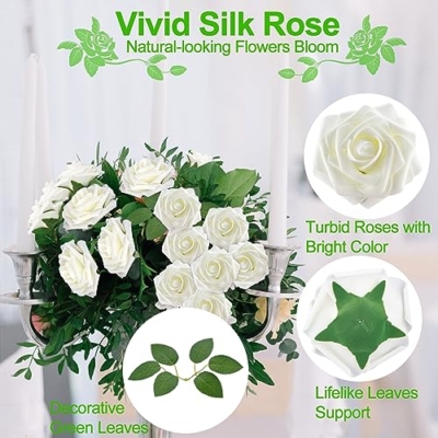 Product: SPORTYOUTH 100 Pcs Artificial Roses Ivory White and 30 Pcs Red Glitter Poinsettia Artificial Christmas Flowers with Clip Stems