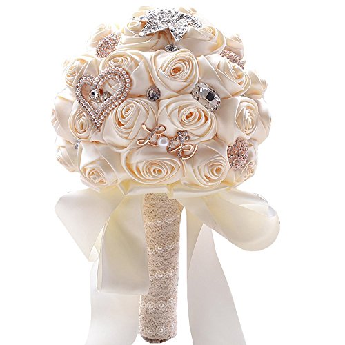 Product: Jackcsale Romantic Wedding Bride Holding Bouquet Roses with Diamond Pearl Ribbon Valentine's Day Bouquet Confession (373 CRM)