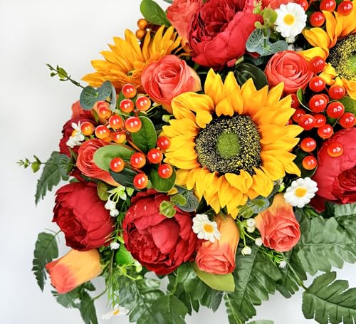 Product: MUVIC Artificial Cemetery Flowers for Outdoor Grave Decorations - Sympathy Headstone Flower Saddle - Realistic Sunflower Rose