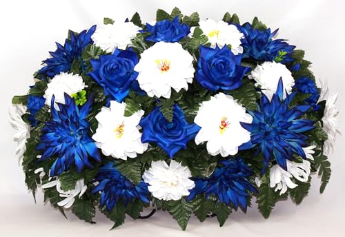 Product: Hshan Blue and White Fall Mixture Cemetery Flower Arrangement, Handcrafted Silk Artificial Flowers for Gravesite Cemetery Headstone Saddle