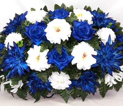 Product: Hshan Blue and White Fall Mixture Cemetery Flower Arrangement, Handcrafted Silk Artificial Flowers for Gravesite Cemetery Headstone Saddle