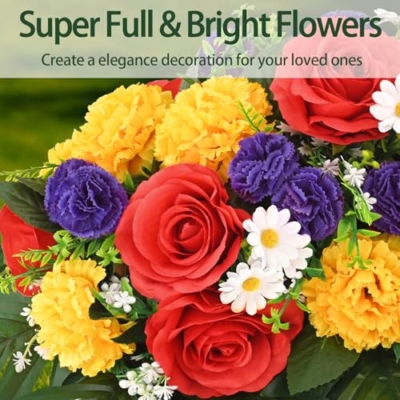 Silky Flower Store Artificial Cemetery Flowers with Vase, Headstone Saddle, Red Rose Yellow Carnation Memorial Décor, 28 x 11 in 11 11 Product: 3 Sets Artificial Cemetery Flowers for Grave, Realistic Cemetery Flowers with Vase, Headstone Flower Saddle, Rose Carnation Flowers for Memorial Cemetery Grave Tombstone Decorations