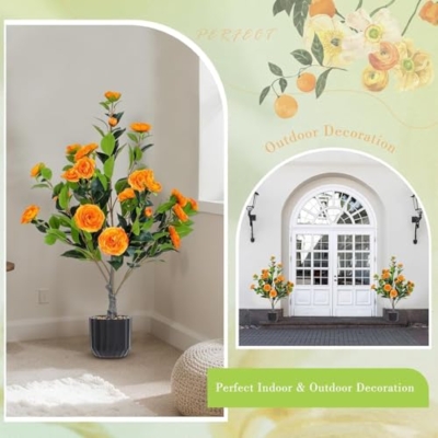 Product: Enhance Your Space with Lifelike Artificial Camellia Tree Set (2-Pack) – Vibrant Orange Blooms, Greenery in Pot for Indoor/Outdoor Decor, Modern Office & Home Accents