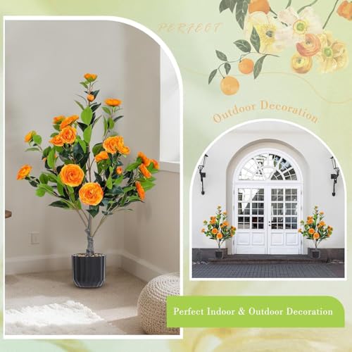 Product: Enhance Your Space with Lifelike Artificial Camellia Tree Set (2-Pack) – Vibrant Orange Blooms, Greenery in Pot for Indoor/Outdoor Decor, Modern Office & Home Accents