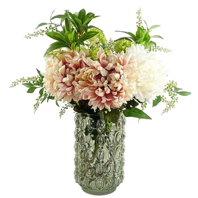 Silky Flower Store Artificial White Chrysanthemum Stem, Leaf Design Faux Silk Flower, Oversized Reflex Bloom, 75cm 10 10 Product: Leaf Design Artificial Chrysanthemum Stem Flowers