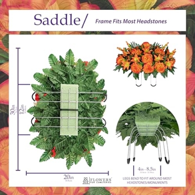 Product: Sympathy Silks 30" Headstone Flower Saddle Artificial Cemetery Flowers - Gravesite Flowers - Sunrise Gladiolus Roses, Lilies