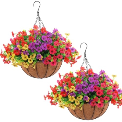 Product: Hananona 2 Set Artificial Outdoor Flowers with Hanging Basket, 2 Hanging Planters with 24 Pcs Flowers for Spring Summer Front Porch Garden Patio Home Decor (2, Red, Purple, Yellow, Rose Red)
