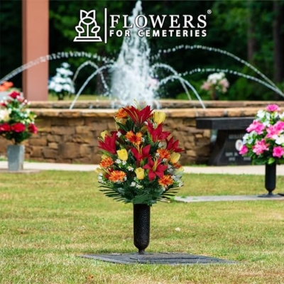 Product: Sympathy Silks Artificial Cemetery Flowers - Gravesite Flowers - Red Lilies with Sunrise Daisies and Yellow Roses - (1) Bouquet
