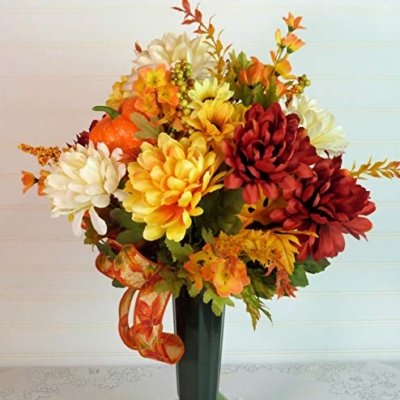 Silky Flower Store Fall Cemetery Grave Arrangement with Mums, Artificial Autumn Florals, Green Cemetery Cone, 19 inch 10 10 Product: Silk Florals & Frills 19 inch Fall Grave Arrangement, Cemetery Arrangement Fall, Fall Cemetery with Mums