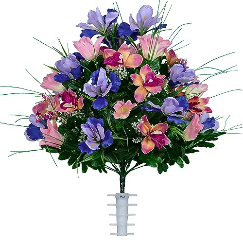 Product: Sympathy Silks Artificial Cemetery Flowers – Realistic Vibrant Tulips, Outdoor Grave Decorations - 1 Cream Pink Tulip Purple Iris Bouquet