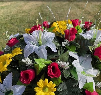 Product: Jucgghk Vivid and Realistic Floral Art Artificial Cemetery Flowers Saddle,White, Yellow and Red Single Headstone Cemetery Saddle for Outdoor Grave Decorations