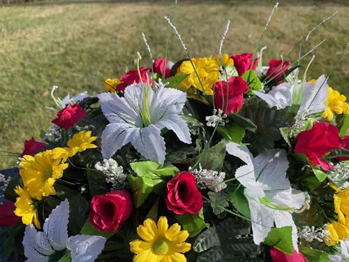 Product: Jucgghk Vivid and Realistic Floral Art Artificial Cemetery Flowers Saddle,White, Yellow and Red Single Headstone Cemetery Saddle for Outdoor Grave Decorations