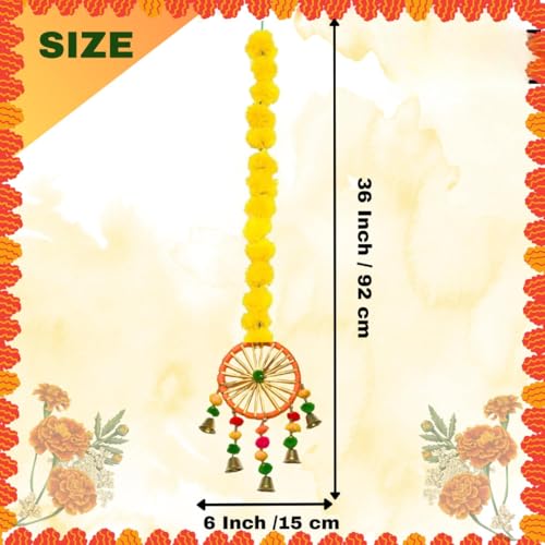 Product: MANTRAMART Artificial Marigold Flower Garlands with Pom Pom and Bell – Pack of 4 – Hanging Floral Decoration for Home, Festival, Diwali, Wedding, Pooja & Event Use