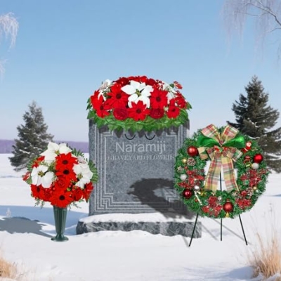 Product: Naramiji Artificial Cemetery Flowers -Headstone Flower Saddle- Gravesite Flowers Bouquet - Christmas Decorations-Poinsettia Dahlia Rose