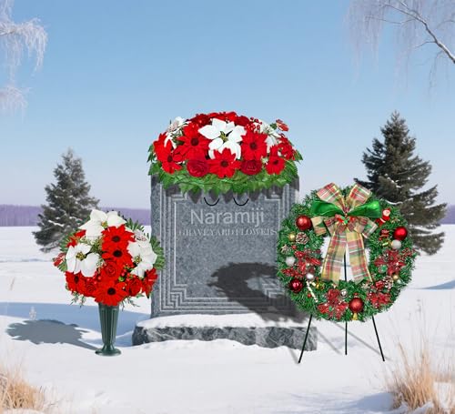 Product: Naramiji 3 Piece Artificial Cemetery Flowers -Headstone Flower Saddle- Gravesite Flowers Bouquet - Christmas Decorations-Poinsettia Dahlia Rose