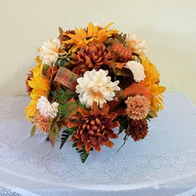 Silky Flower Store Fall Cemetery Saddle Artificial Grave Flowers, Sunflowers Pumpkins, UV Waterproof Silk Florals, 27 x 14 x 10 inches 11 11 Product: Silk Florals & Frills Fall Cemetery Saddle with Pumpkins and Sunflowers, Fall Grave Headstone Flowers