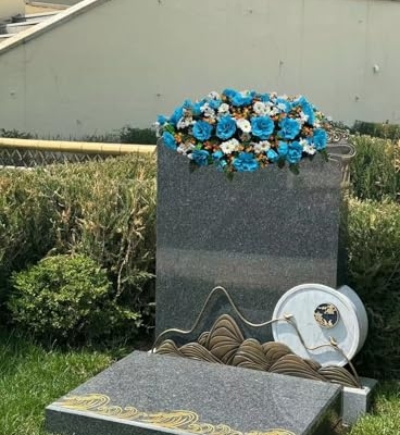 Product: Jucgghk Vivid and Realistic Floral Art 36”Blue Artificial Saddle Flowers, Beautiful Artificial Spring Saddle Flowers for Cemetery Grave Tombstone Decorations