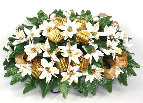 Product: Hshan Christmas White with Gold Trim Poinsettia's Cemetery Flower Arrangement, Beautiful Artificial Cemetery Flowers for Headstone Graves Memorial Day Tombstone