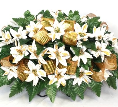 Product: Hshan Christmas White with Gold Trim Poinsettia's Cemetery Flower Arrangement, Beautiful Artificial Cemetery Flowers for Headstone Graves Memorial Day Tombstone