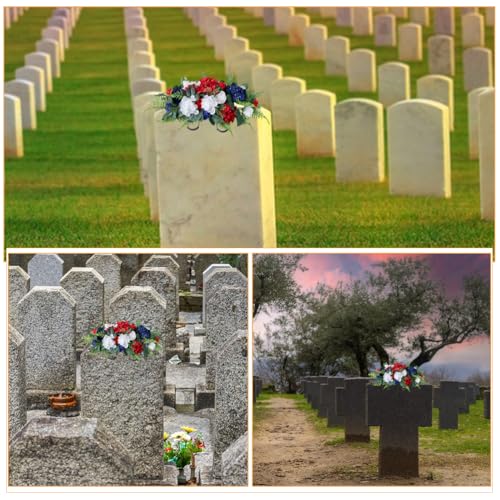 Product: TIKTOLA Artificial Cemetery Flowers for Grave Decorations Memorial Rose Headstone Saddle Outdoor Tombstone Red White Blue