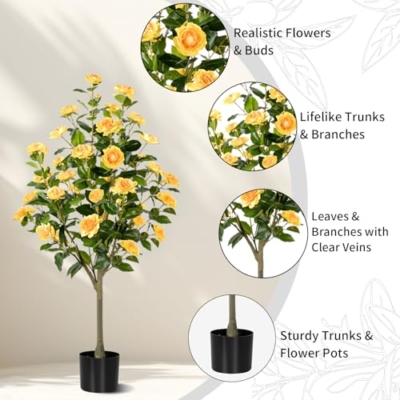 Product: Hylmiip Artificial Camellia Tree 2 Pack, Artificial Plants Outdoor Faux Floral Plant in Cement Pot Fake Silk Camellia Tree Plants for Home House Living Room Office Decor (Yellow, 4 FT)