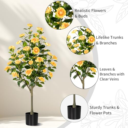 Product: Hylmiip Artificial Camellia Tree 2 Pack, Artificial Plants Outdoor Faux Floral Plant in Cement Pot Fake Silk Camellia Tree Plants for Home House Living Room Office Decor (Yellow, 4 FT)