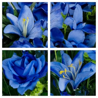 Product: Jucgghk Vivid and Realistic Floral Art Blue Gladiolus, Roses, and Lilies Cemetery Arrangement，Summer Blue Flowers for Grave Tombstone Decorations(NO VASE)