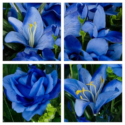 Product: Jucgghk Vivid and Realistic Floral Art Blue Gladiolus, Roses, and Lilies Cemetery Arrangement，Summer Blue Flowers for Grave Tombstone Decorations(NO VASE)