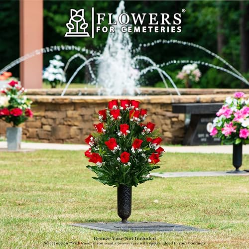 Product: Sympathy Silks Artificial Cemetery Flowers - Mothers Day Memorial Flowers - Outdoor Grave Flower Decorations - 30 Stems Ruby Red Roses