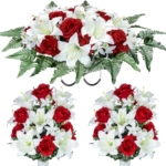 Product: XONOR Artificial Cemetery Flower Saddles, Cemetery Memorial Flowers with Vase for Grave Tombstone Decorations, Lily Rose Headstone Flowers Saddle(1 Saddle 2 Bouquets)