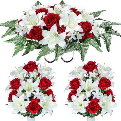 Product: XONOR Artificial Cemetery Flower Saddles, Cemetery Memorial Flowers with Vase for Grave Tombstone Decorations, Lily Rose Headstone Flowers Saddle(1 Saddle 2 Bouquets)