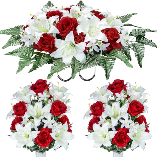 Product: XONOR Artificial Cemetery Flower Saddles, Cemetery Memorial Flowers with Vase for Grave Tombstone Decorations, Lily Rose Headstone Flowers Saddle(1 Saddle 2 Bouquets)