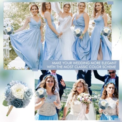Product: Dusty Blue Bride Bouquet & Bridesmaid Bouquets Set of 2 for Wedding Artificial Roses Flowers Wedding Flowers Bouquets for Bride Bridesmaids Marriage Proposal Party Church Decoration