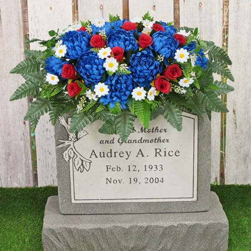 Product: MHMJON Artificial Cemetery Flowers Saddles Outdoor Grave Decoration, Realistic Vibrant Fake Mums with Silk Red Rose Floral Arrangement Saddle for Headstone Grave Tombstone Autumn Christmas Decor