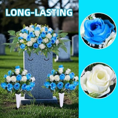 Silky Flower Store Artificial Cemetery Flower Saddle with Vase, Grave Memorial Blue White Rose Bouquet, 27in x 17in x 7.5in 10 10 Product: Artificial Cemetery Flower Saddles, Cemetery Memorial Flowers with Vase,Outdoor Grave Saddle Headstone Decorations, Artificial Rose Bouquet Grave Memorial Flowers (Blue White)