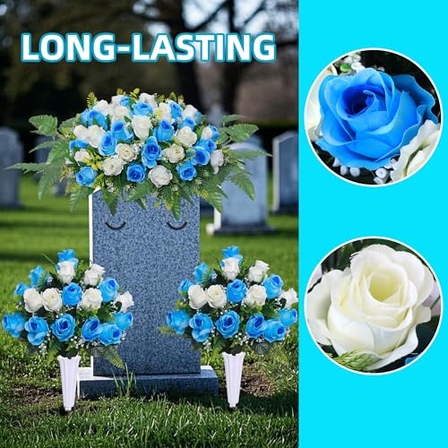 Silky Flower Store Artificial Cemetery Flower Saddle with Vase, Grave Memorial Blue White Rose Bouquet, 27in x 17in x 7.5in 4 4 Product: Artificial Cemetery Flower Saddles, Cemetery Memorial Flowers with Vase,Outdoor Grave Saddle Headstone Decorations, Artificial Rose Bouquet Grave Memorial Flowers (Blue White)
