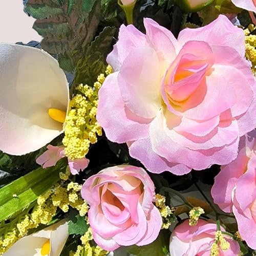 Silky Flower Store Cream Pink Calla Lilies Headstone Saddle, Roses Silk Grave Flowers Garland, 30 x 22 x 10 in 3 3 Product: Cream Pink Calla Lilies Headstone Saddle, Roses Silk Grave Flowers for Perfect Funeral or Cemetery Decoration Garland for Table Centerpiece Holiday Party Weddi