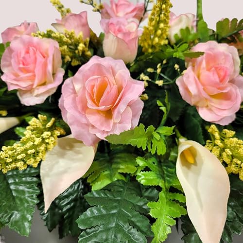 Silky Flower Store Cream Pink Calla Lilies Headstone Saddle, Roses Silk Grave Flowers Garland, 30 x 22 x 10 in 1 1 Product: Cream Pink Calla Lilies Headstone Saddle, Roses Silk Grave Flowers for Perfect Funeral or Cemetery Decoration Garland for Table Centerpiece Holiday Party Weddi