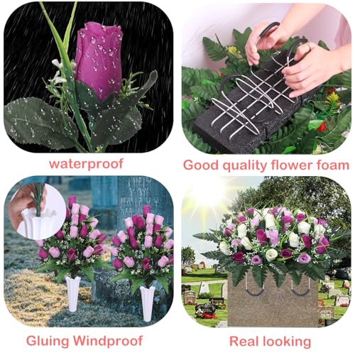 Product: Lodou Artificial Cemetery Flower Saddles for Graves, Cemetery Memorial Flowers with Vase and 2 Memorial Bouquets for Grave Tombstone,Outdoor Grave Saddle Headstone Decorations (Purple White)