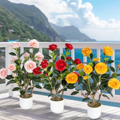 Silky Flower Store Artificial Camellia Tree, Faux Potted Plant, White Pot, Yellow, Indoor Outdoor Decor, 24cm 13 13 Product: Jcezvnt 2 Pack Artificial Camellia Tree with White Pot, 24" Faux Potted Plants for Indoor Outdoor Decor, Tall Silk Greenery Plant for Home Office Living Room Balcony, Yellow