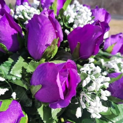 Silky Flower Store Purple Headstone Saddle, Rosebud Grave Flowers, Cemetery Memorial Decoration, 33in x 24in x 17in 5 5 Product: Purple Headstone Saddle, Rosebud Grave Flowers for Funeral, Cemetery, or Memorial Decoration Garland for Table Centerpiece Holiday Party Weddi