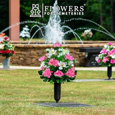 Product: Sympathy Silks Artificial Cemetery Flowers - Outdoor Grave Decorations - (1) Pink Dahlia Pink Rose with White Orchid Mix Bouquet