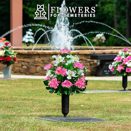 Product: Sympathy Silks Artificial Cemetery Flowers - Outdoor Grave Decorations - (1) Pink Dahlia Pink Rose with White Orchid Mix Bouquet