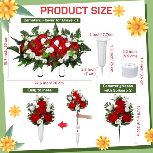 Silky Flower Store Artificial Cemetery Flowers for Grave Headstone Saddle, Red Memorial Floral Arrangement, 3 Piece Set 20.5cm 1 1 Product: Thiccywoov 3 Pcs Artificial Cemetery Flowers for Grave Funeral Headstone Saddle Mum Rose Bouquets with Vase Memorial Flowers for Outdoor Grave Tombstone Cemetery Decoration(Red)