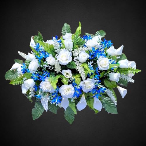 Product: Cream Calla Lilies Headstone Saddle, Roses Royal Blue Filler Grave Flowers for Perfect Cemetery Decoration Garland for Table Centerpiece Holiday Party Weddi