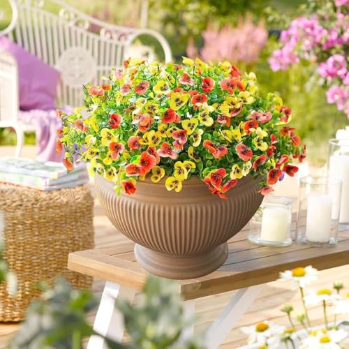 Product: Siganorpy 12 Bundles Artificial Flowers Outdoors Pansy Plants Fake Flowers Decor Eucalyptus Artificial Grass Shrubs Bushes UV Resistant Plastic Flowers Fern for Garden Porch Home (Red+Yellow)